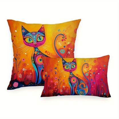 Folk art style black cat throw pillow cover with sun and flowers design. Made of 100% polyester, hand wash only. Features zipper closure, suitable for couch, sofa, living room, bedroom. Available in two sizes: 29.97cm X 50.04cm and 44.96cm X 44.96cm.