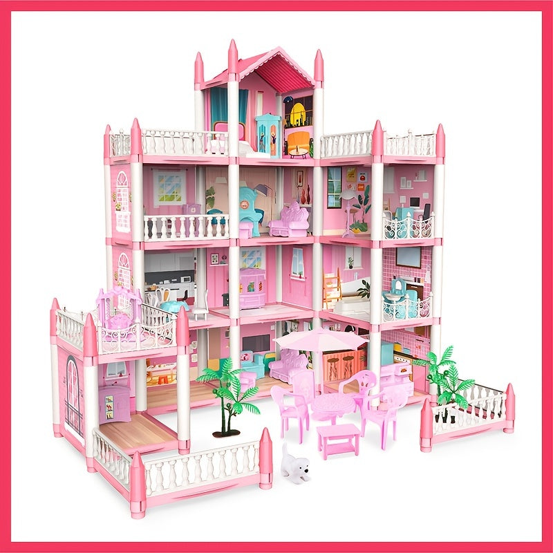 Pink doll set includes 11 rooms and furniture accessories for children's pretend games. Ideal birthday gift for girls aged 5-9.