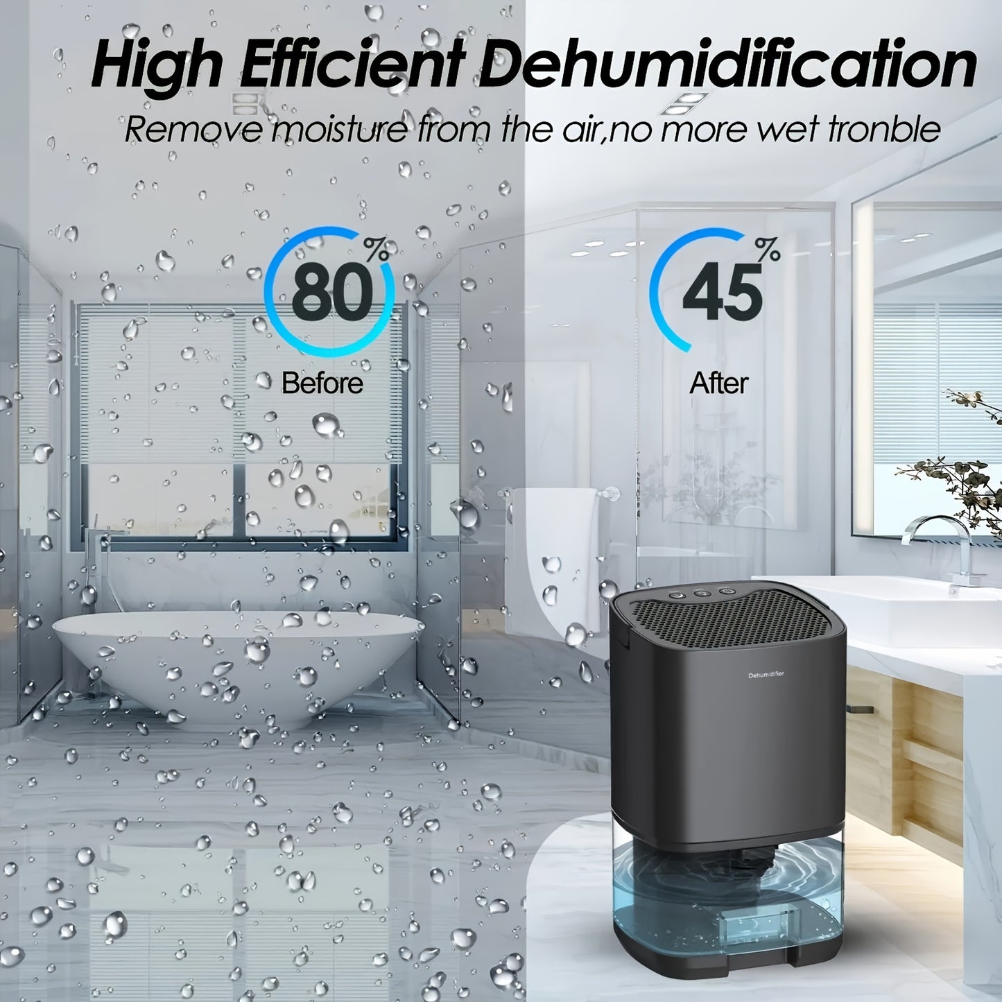 Compact Silent Dehumidifier with Night Light for Living Room, Bedroom, Basement - Dual Voltage, Round Shape, European Plug