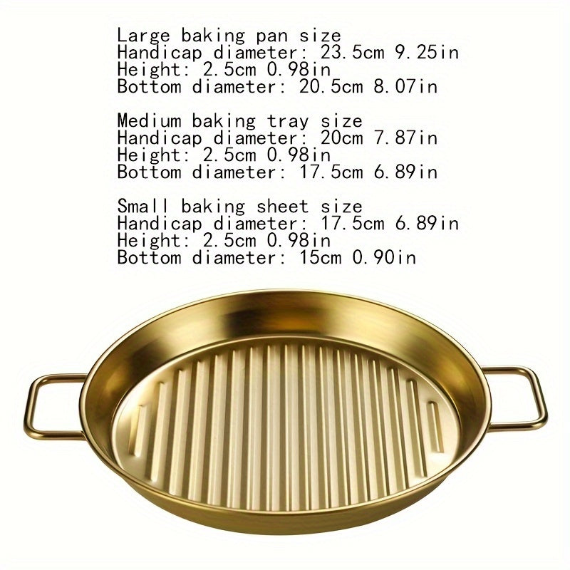 1 set of 3 pieces of round striped stainless steel rose golden baking pans, with sizes measuring 16.51cm, 19.05cm, and 21.59cm. These pans come with double handles and are suitable for both home and commercial use. Featuring a striped design, these