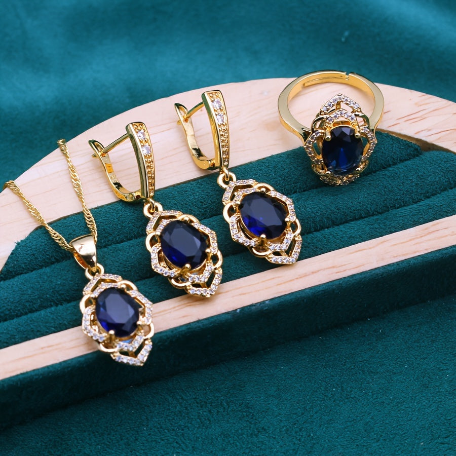 Vintage vacation style jewelry set in 18K gold plated design featuring a beautiful blue gemstone. This set includes a copper mosaic necklace, earrings, ring, and pendant, making it perfect for women to wear at parties, as gifts, or during Christmas. This