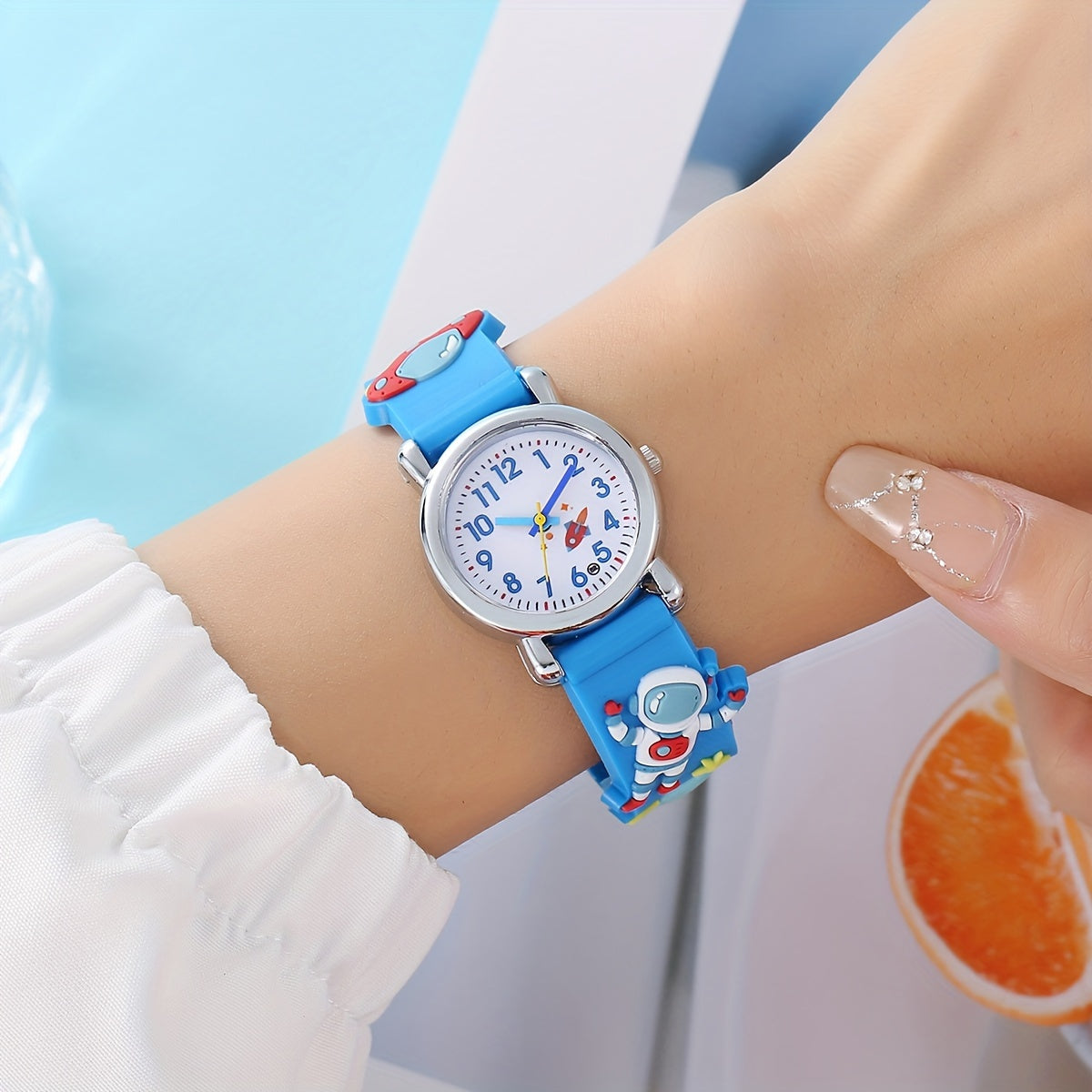 Children's Astronaut and UFO Quartz Watch - Silicone band, not waterproof, blue.