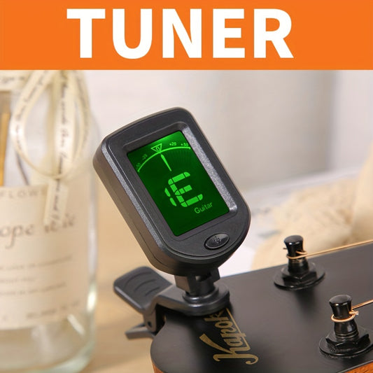 Accurate chromatic clip-on tuner for guitar, bass, violin, ukulele, and electric or classical guitars (includes button battery).