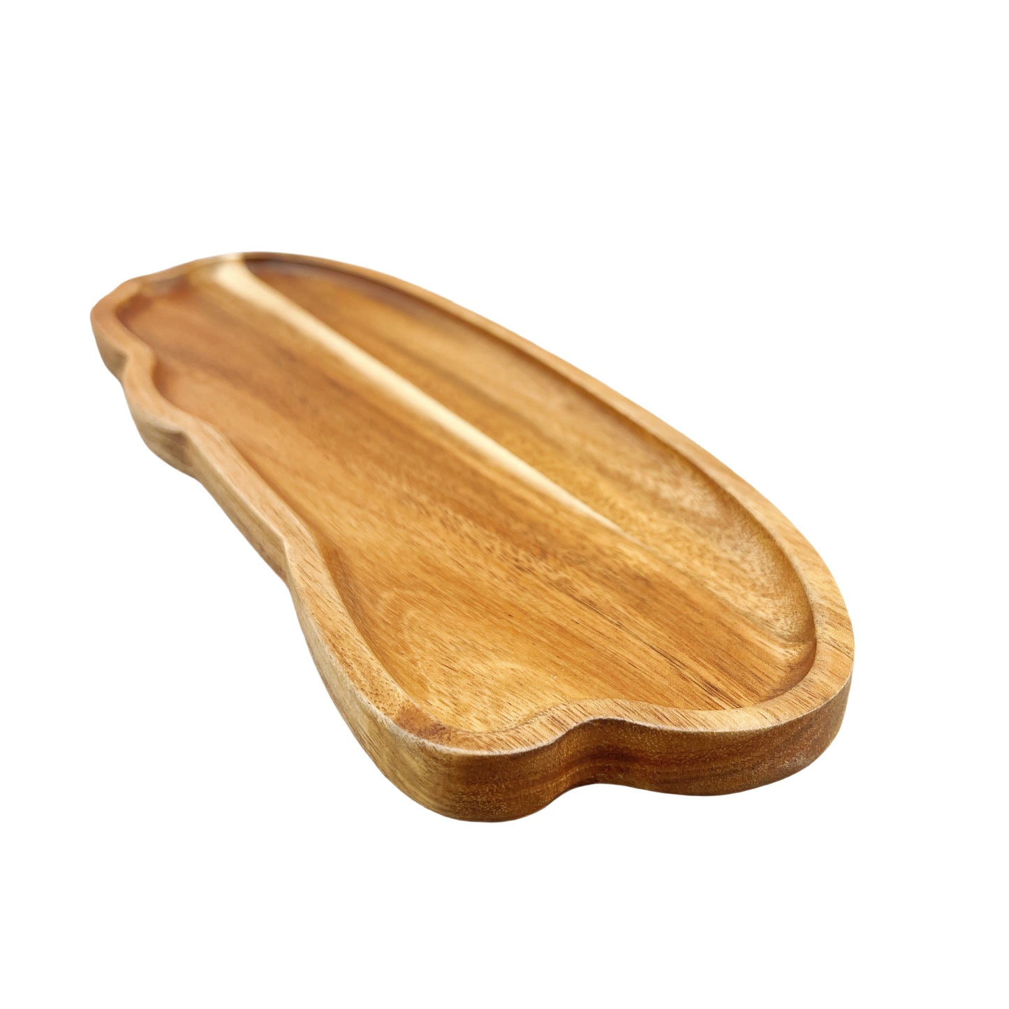 Acacia wood serving tray with smooth polished surface, irregular shape. Ideal for cheese, bread, fruits, and vegetables. Perfect for kitchen, restaurant, café, weddings, and holiday decor. Unique shape and wooden texture.