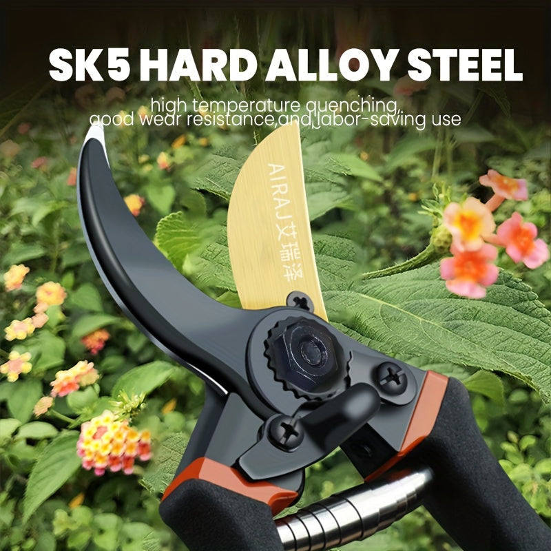 AIRAJ Heavy Duty Pruning Shears: Ultra sharp, professional garden scissors for trimming trees and roses. Multipurpose tools made of chrome vanadium steel in black.