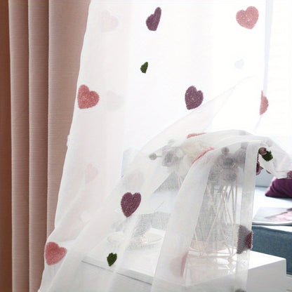 Modern heart pattern sheer curtain panel in pink, grommet top, washable polyester voile for youngsters' room; all-season decorative unlined curtain with eyelet, perfect for a princess-themed kid's bedroom.