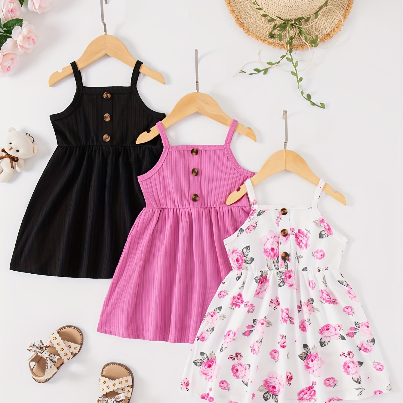 Infant & Toddler Girl's 3-piece Sleeveless Dress Set, perfect for Summer/Spring with Flower Print & Solid Color