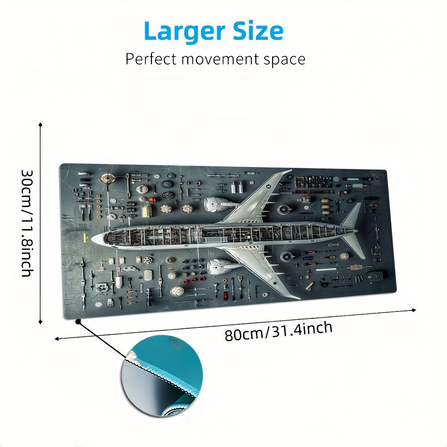 Oversized airplane blueprint design mouse pad with stitched edges and non-slip base. Durable rubber material with special non-slip feature.