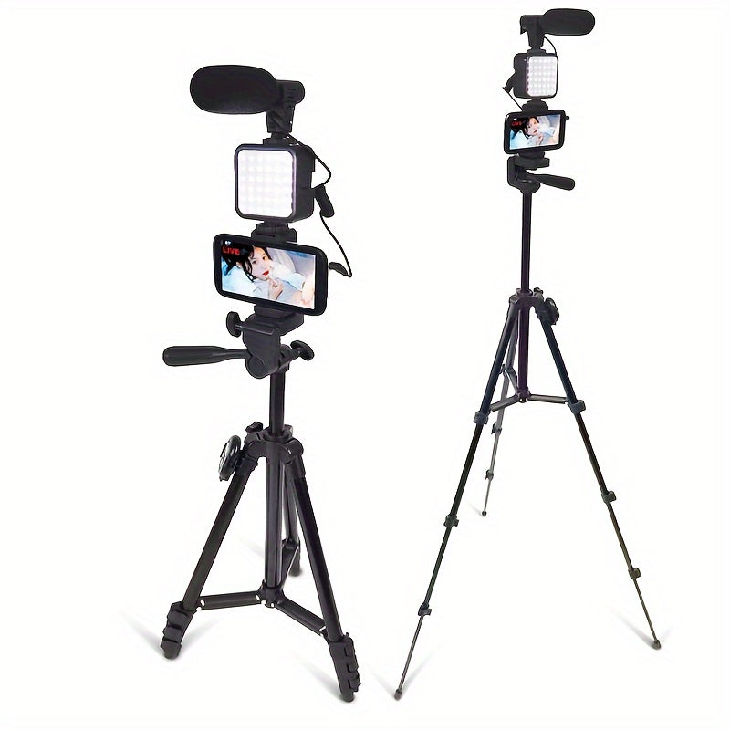 Complete Vlogging Kit includes portable tripod, pocket light, beauty fill light, microphone, ideal for live streaming & photography, USB connection, in black