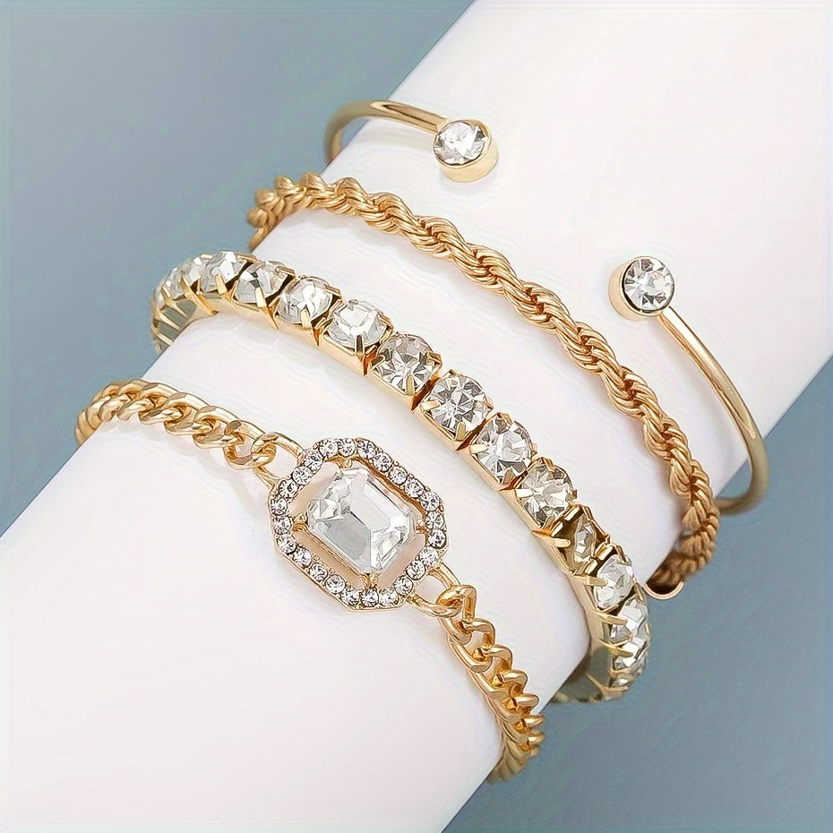 Women's 4-piece punk style twist chain bracelet set with rhinestones.