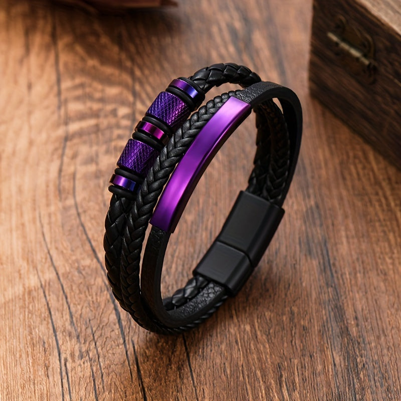 A stylish men's leather bracelet crafted from durable black stainless steel, accented with a touch of punk flair. Featuring a magnetic buckle closure and intricately handwoven details, this versatile accessory is perfect for any business or casual