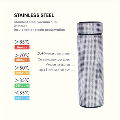 1pc Sparkling Studded Vacuum Flask, 16oz Stainless Steel Insulated Water Bottle for Hot and Cold Beverages, Travel Thermal Cup, Summer and Winter Drinkware Gift.