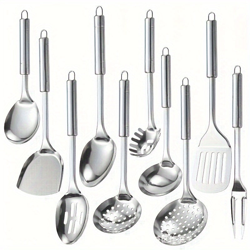 Set of 10 Stainless Steel Kitchen Utensils - Comes with Spatula, Ladle, Slotted Turner, and More - Reliable Cooking Tools for Home and Restaurant Purposes