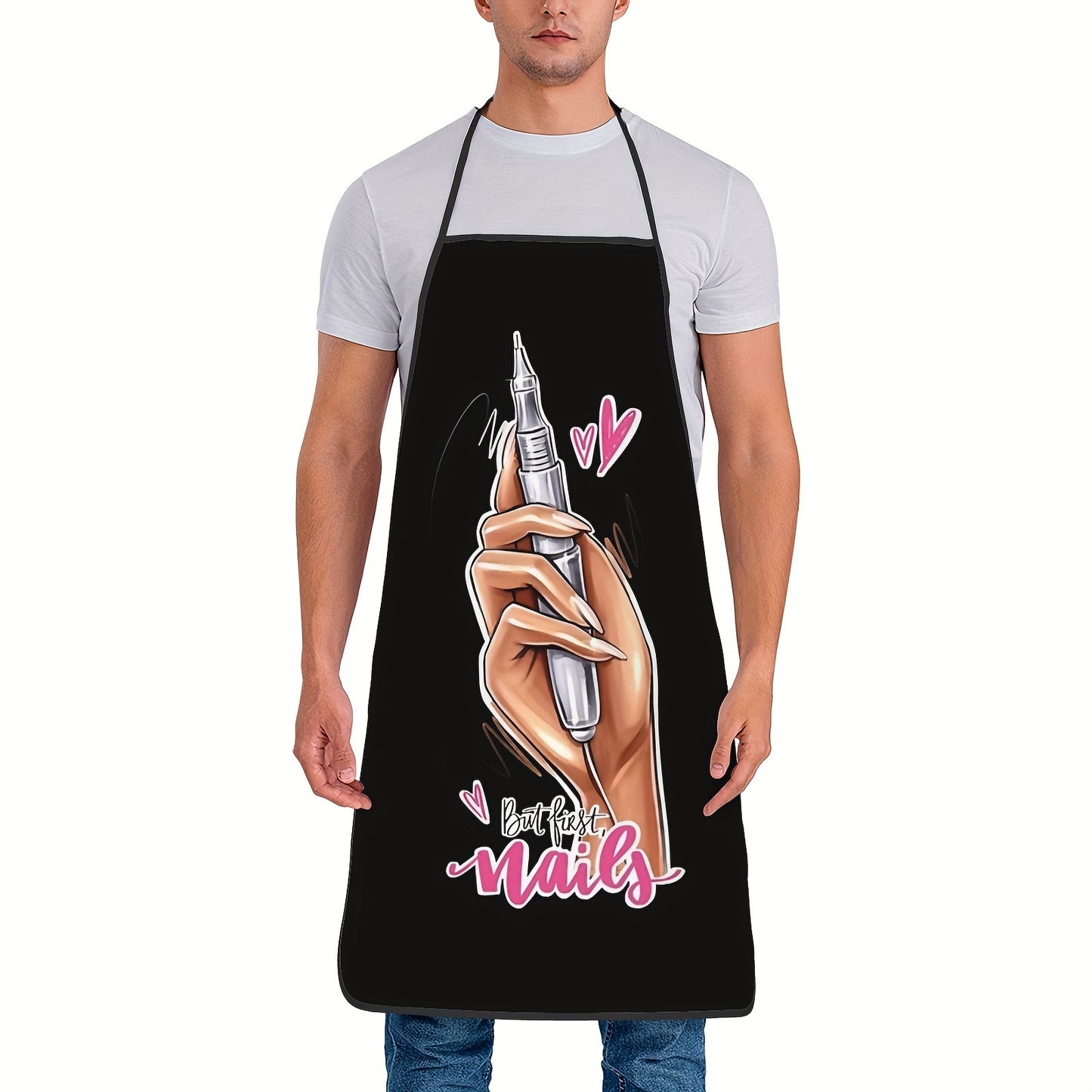 Durable 100% polyester apron for nail art design, cooking, gardening, and more, with adjustable neck band.