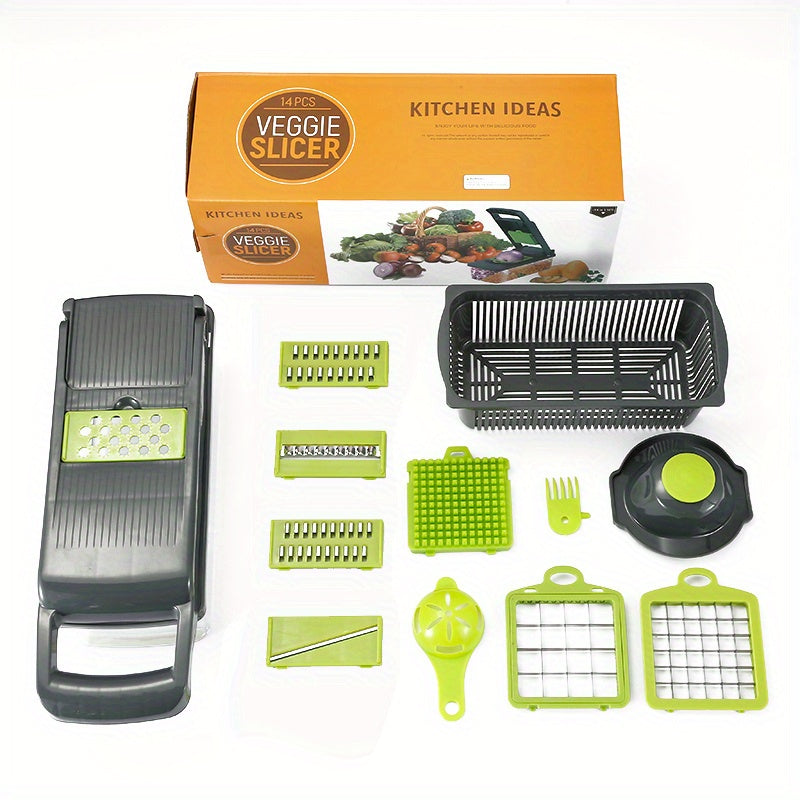 Get the 14/16pcs Multi-Functional Vegetable Cutter Set: Manual Food Grater Slicer with Container, Stainless Steel Interchangeable Blades, Plastic Kitchen Gadgets for Chopping, Shredding, Mincing - No Electricity Required