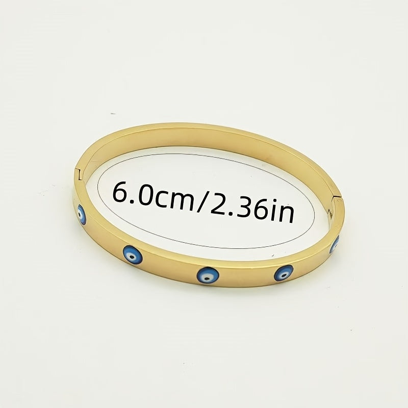 Chic Golden Stainless Steel Bracelet featuring Blue Evil Eye Charms & Glittering Rhinestones - Perfect for Boho Chic or Casual Outfits, Great Present for your Girlfriend, Stunning Stainless Steel Bracelet, Ideal Gift Option