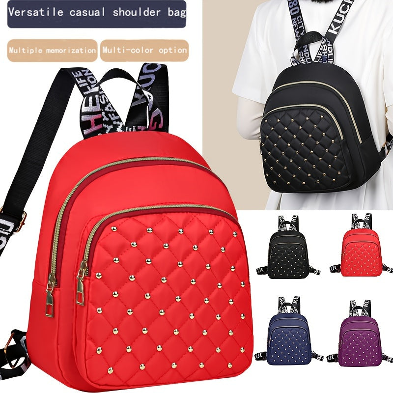 Stylish nylon backpack with rhinestone embellishments, lightweight, tassel detail, adjustable straps, and polyester lining. Suitable for daily commute or fashionable travel for women 15