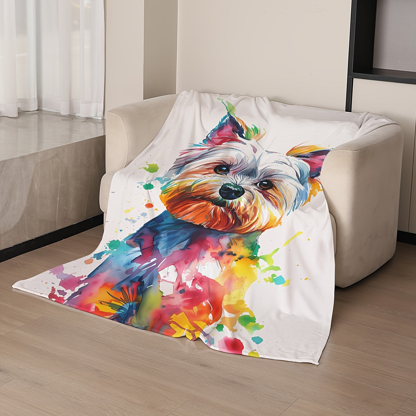 Soft coral fleece throw blanket featuring a contemporary dog print design. Made with digital print polyester and knitted craftsmanship, this blanket is perfect for adding a vibrant touch to your sofa, bed, office, camping trips, travel, or home decor.