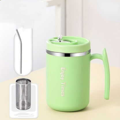 Stylish stainless steel coffee mug with straw, handle, perfect for office, reading, camping. Available in orange, light blue, cream, ideal for drinking coffee or tea.