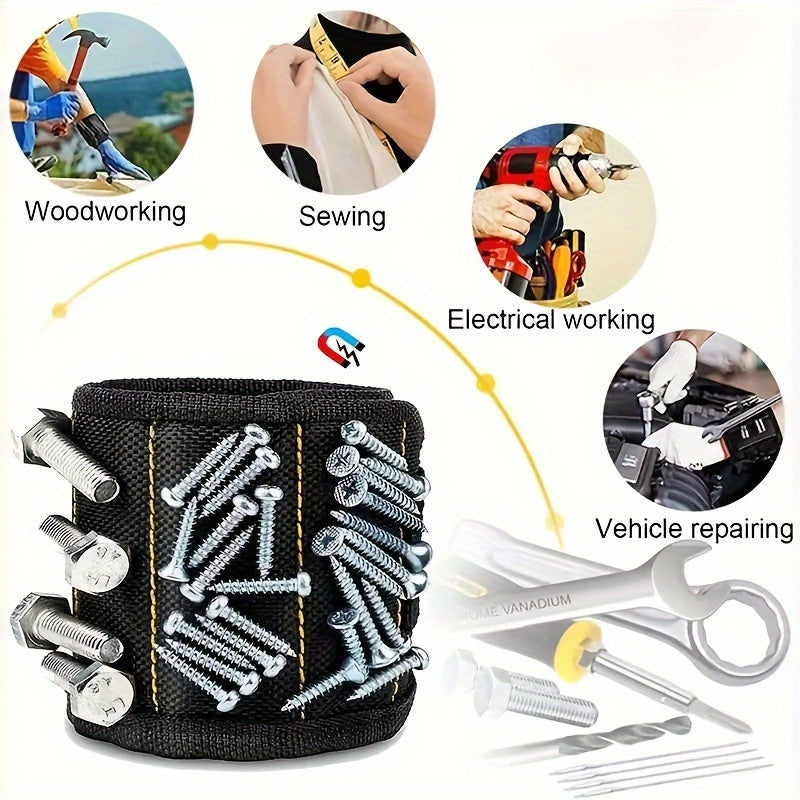 Strong, magnetized wristband for tools with durable fabric and carry bag. Ideal for DIY and repairs, waterproof and easy to clean. Red color, no printing.