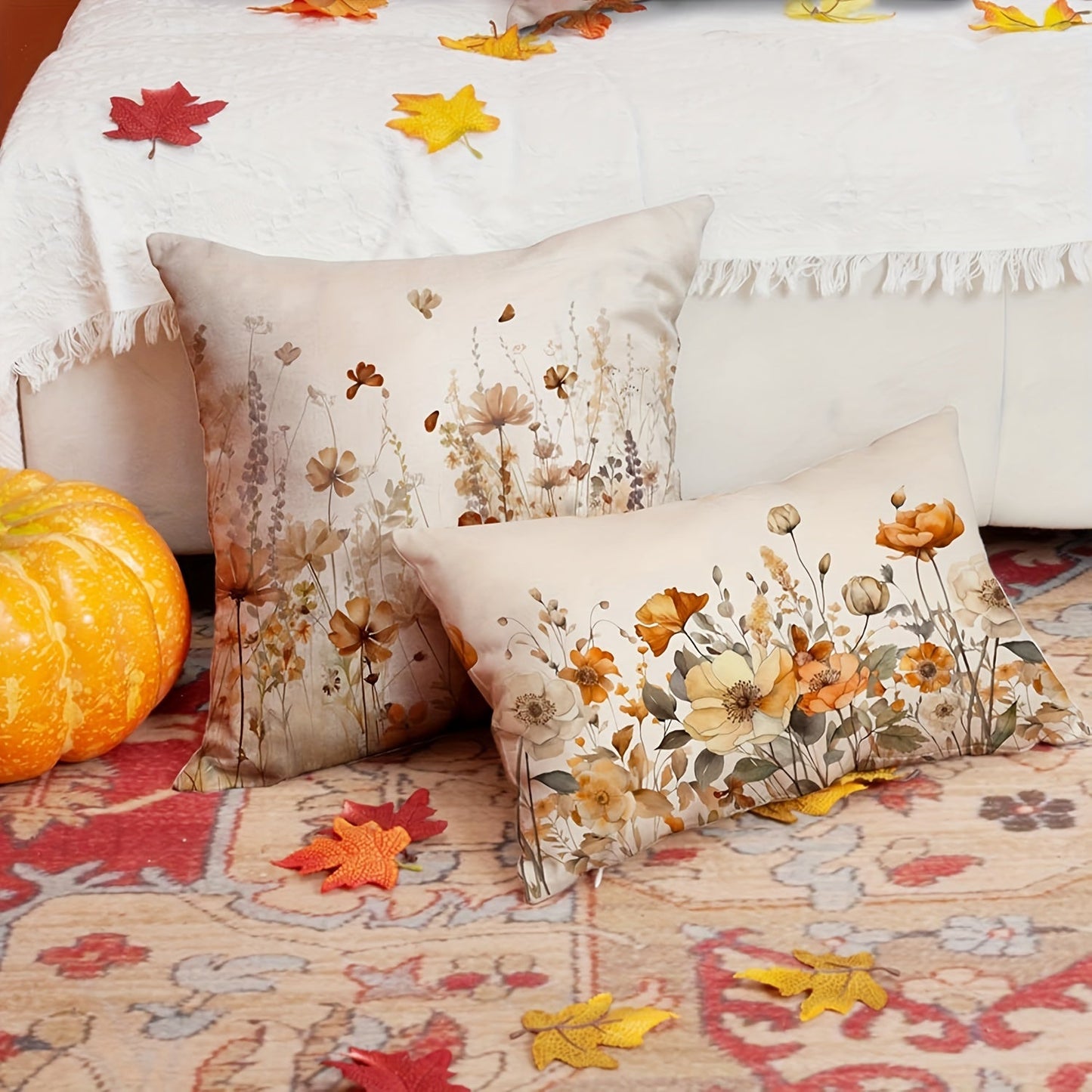 Elegant Fall Thanksgiving Pillow Cover in Orange and White Floral Design - 30.48x50.8 cm, Made of Linen Blend with Zip Closure - Ideal for Adding a Touch of Style to Your Home and Couch