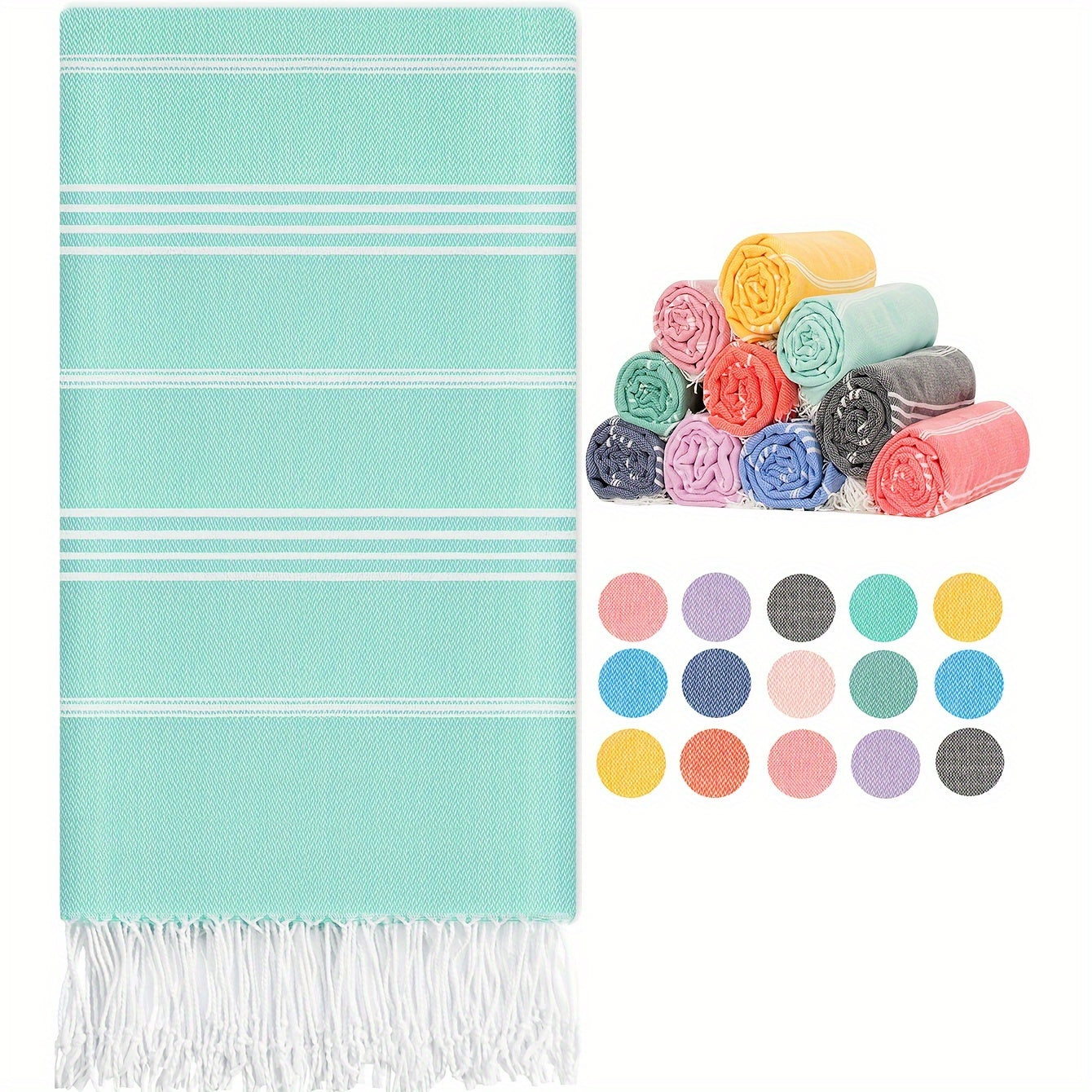 Turkish beach towel: quick-dry, sand-free, lightweight, oversized in striped patterns (yellow, white, blue, gray, pink) for pool, swim, travel. Ideal for camping, cruise, vacation, beach blanket.