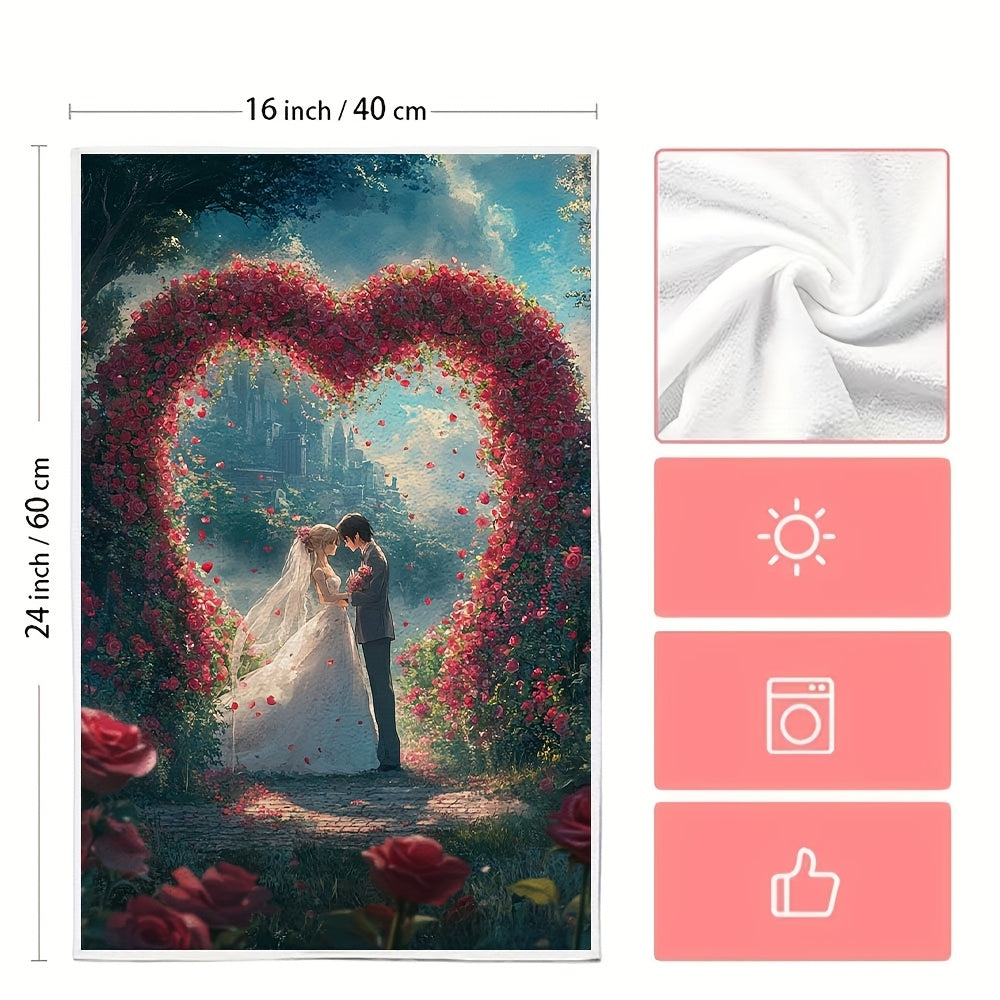 Set of 2 Kitchen Towels featuring an Anime Couple exchanging vows under a heart-shaped archway of roses. These ultra soft and highly absorbent dish hand towels are perfect for holiday decor. Machine washable and measures 16x24 inches. Code: 2KYSYS1215171