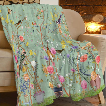 1-piece Creative Flower and Bird Patterned Flannel Blanket, Cozy and Soft Sofa Throw Blanket suitable for All Seasons, Perfect for Office, Bed, or Travel