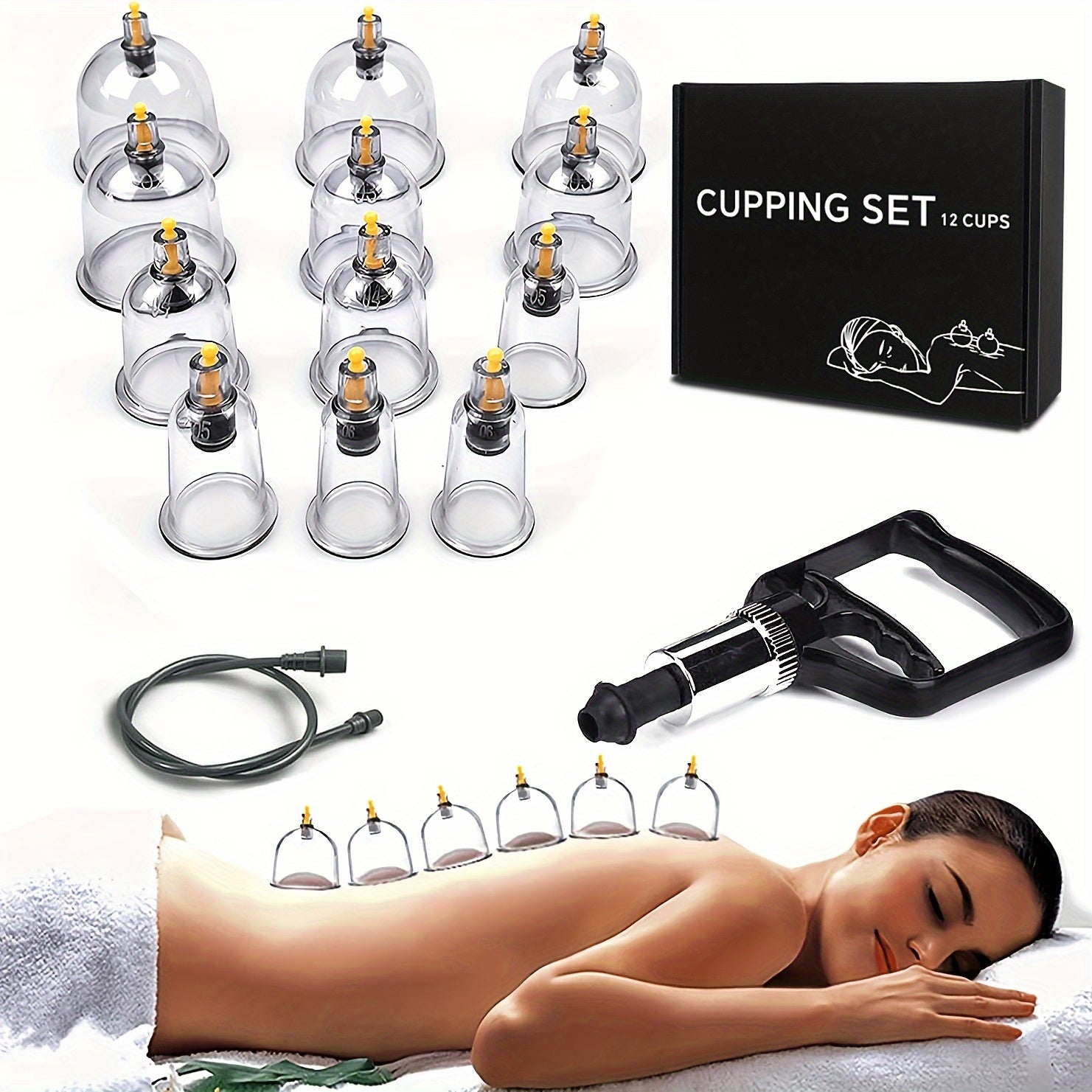 Set of 12 cupping sets with pump, professional Chinese Hijama massage kit. Includes 6 jar shapes, manual, extension tube, and black gift box.