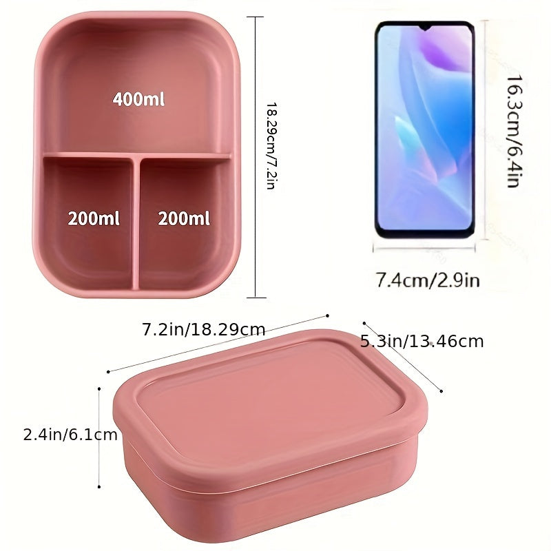 Silicone Lunch Box with Leak Proof Bento Box Design, 3 Compartments Food Container, Microwave Safe for School Students, Office Workers, and Travelers. Ideal Kitchen and Travel Accessories.