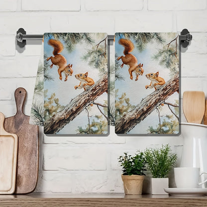 Set of 2 Ultra Soft Kitchen Towels featuring Playful Squirrels in Treetops Design. These towels are Highly Absorbent and Machine Washable, perfect for drying dishes. The Contemporary Coastal Style adds a touch of charm to your kitchen decor. Each towel