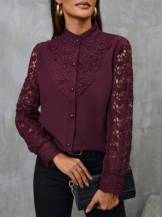 Contrast lace blouse with mandarin collar, perfect for women.