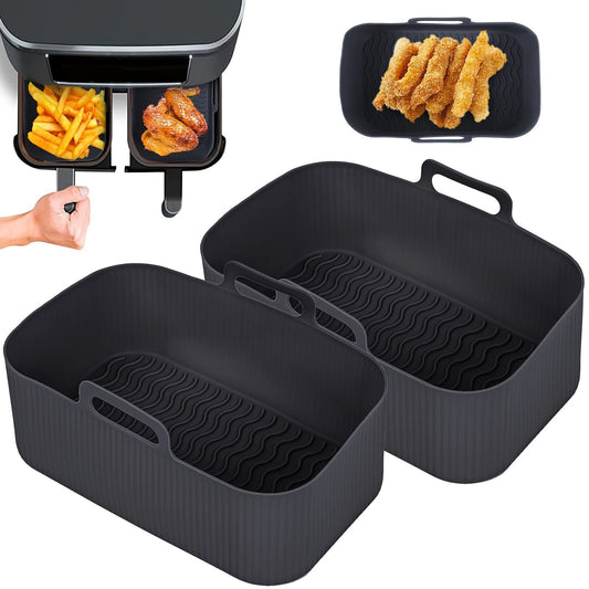 Set of 2 Silicone Air Fryer Liners in a rectangular shape (19.48cm X 12.5cm) for your NINJA DZ201 air fryer. These liners can be used as pots, basket bowls, and baking trays, making them versatile and reusable kitchen accessories. Perfect for baking and