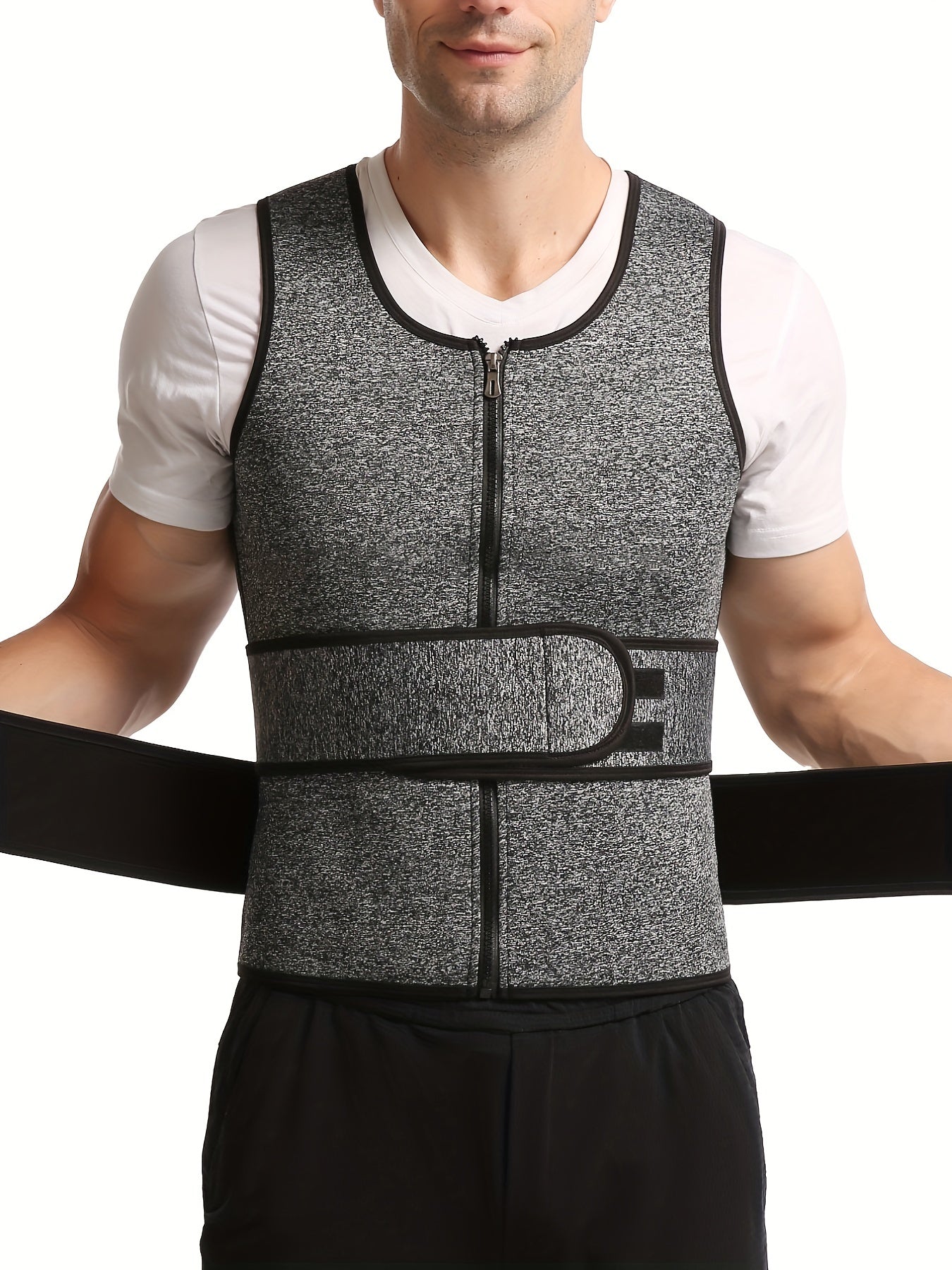 Men's Gray Neoprene Double Belt Vest Shapewear with Sweat Bodysuit.