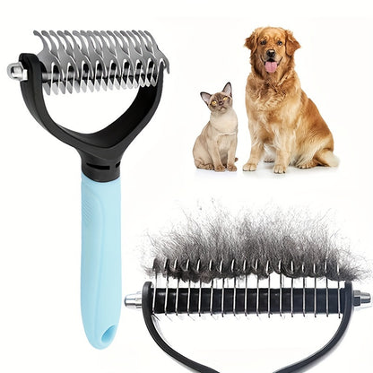 Durable stainless steel pet comb for cats and dogs, removes mats and tangles efficiently.