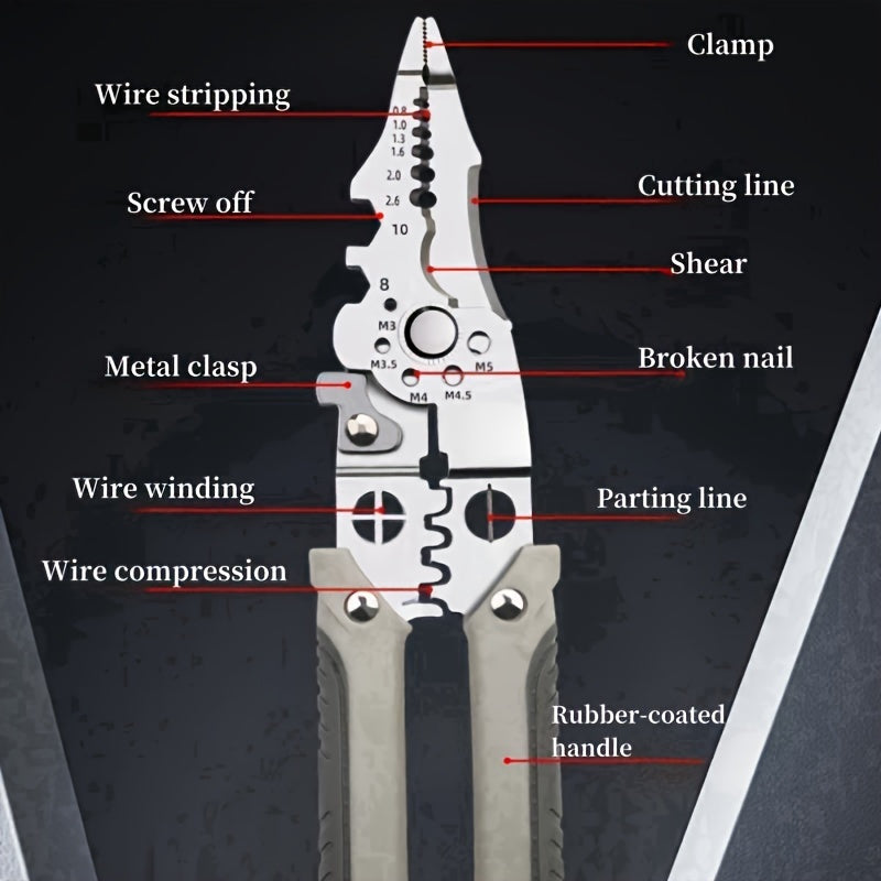 Industrial-grade stainless steel wire cutter/stripper pliers with measurement markings for electrical wiring tasks. Durable construction suitable for electricians and DIY home use.