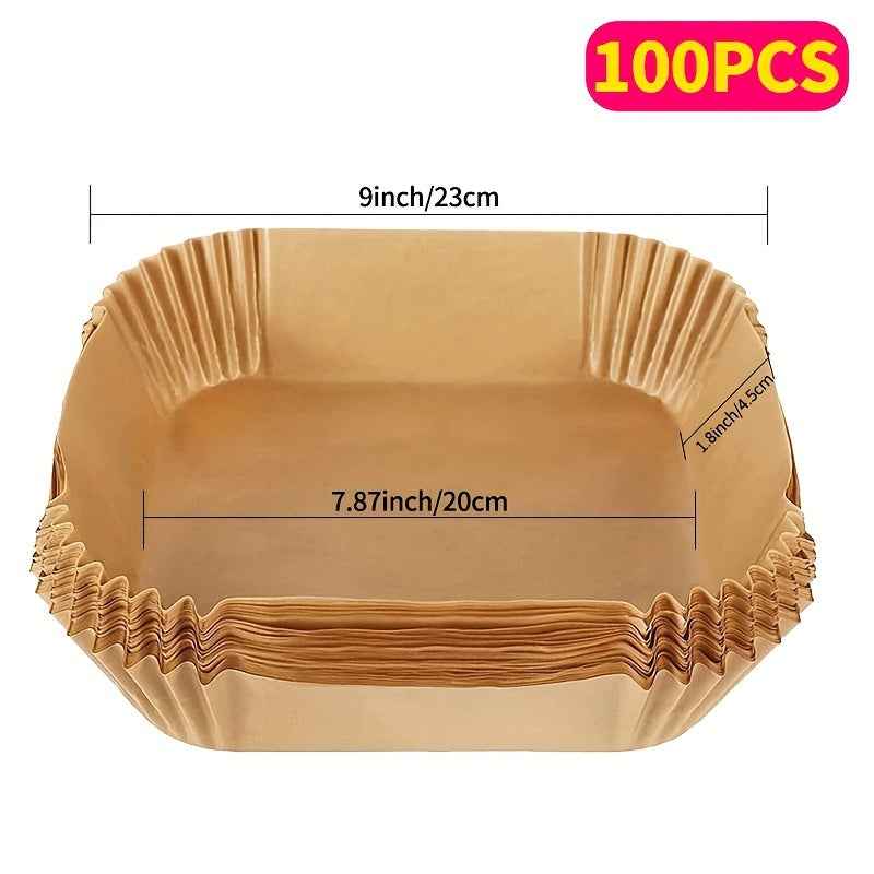 50 to 100 pieces of disposable air fryer liners in sizes 16.0cm and 19.99cm for the bottom of your air fryer. These square paper liners are perfect for air fryer pots, basket bowls, baking trays, and oven accessories. They are essential baking tools and