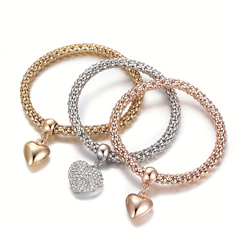 Set of 3 Silvery Rose Corn Chain Bracelets, featuring a Tree of Life and Heart Shape design, combined with elastic bands for a unique look.