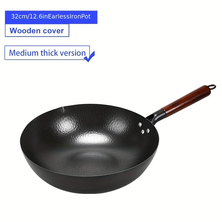 Traditional hand-forged 32cm/12.6in iron wok and stir-fry pan comes with a wooden lid. This non-coated, non-stick pan should be hand washed only. It features a durable cast iron handle and is compatible with smooth surface non-induction cooktops.