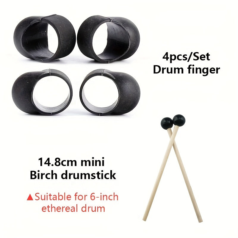 Ethereal drum accessory set includes 6-inch drum, 1 pair of Birchwood drumsticks, 4 finger covers, Lotus Steel Tongue Drum Mallets, and soft rubber head drumsticks.