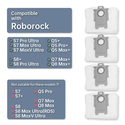 Set of 4 vacuum dust-proof bags designed for use with Roborock models S8+, S8 Pro Ultra, S7 Pro Ultra, S7 Max Ultra, S7 MaxV Ultra, Q7 Max+, Q8 Max+, Q5+, Q5 Pro+, Q5 Max+. These automatic dust-proof bags are perfect for cleaning bases.