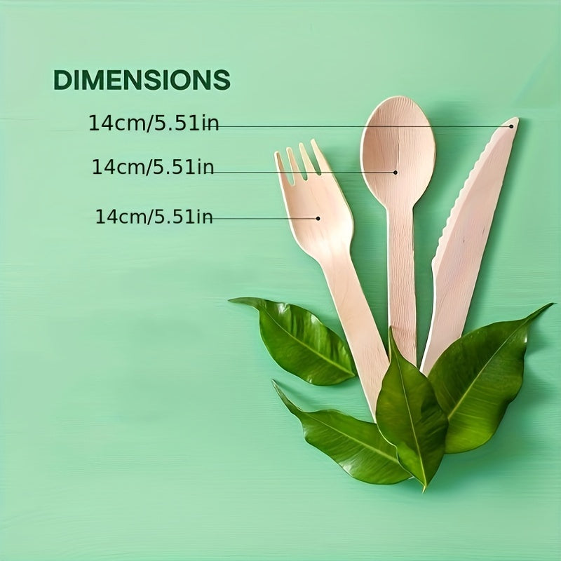 Bundle of wooden utensils - Includes 100/200 pieces of disposable cutlery (50/100 forks, 25/50 knives, 25/50 spoons). Perfect for events and catering, these 5.5-inch tools are made of high-quality wood. Complete your dining set with this 14cm wooden