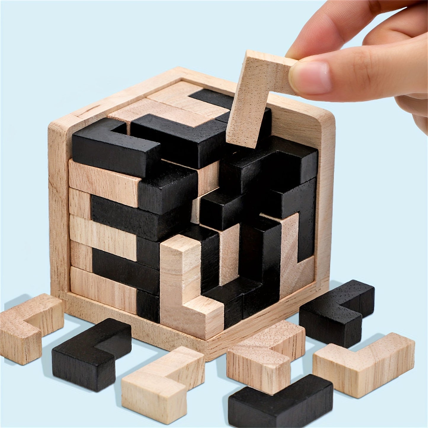 Wooden Brain Teaser Puzzle Cube with 54 Pieces, Educational L-Shaped Jigsaw Logic Puzzle Toy made of Wood