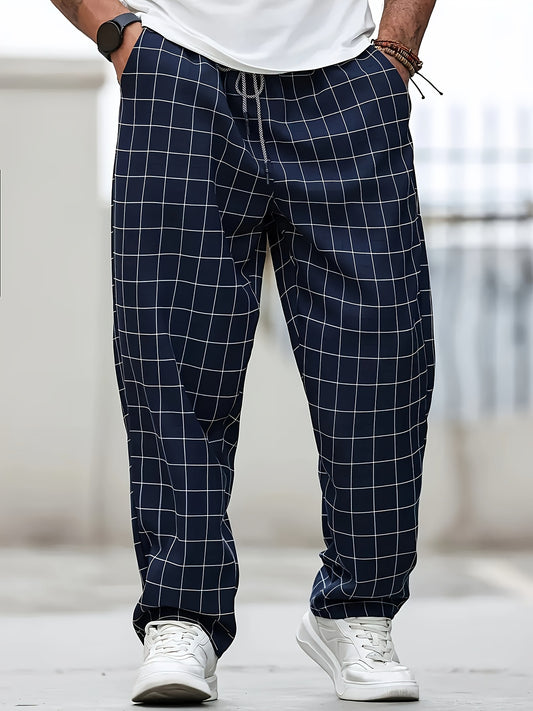 Men's Casual Plaid Jogger Pants in PLUS SIZE, made of woven polyester with drawstring waist, relaxed fit, and machine washable for all-season comfort.