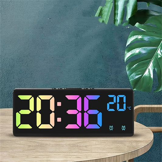 NieNie Digital Alarm Clock features voice control, dual alarm, night mode, adjustable brightness levels, snooze function, temperature and date display, USB powered, 12/24-hour time format, and a rectangular shape with a flat crown. The clock also has a