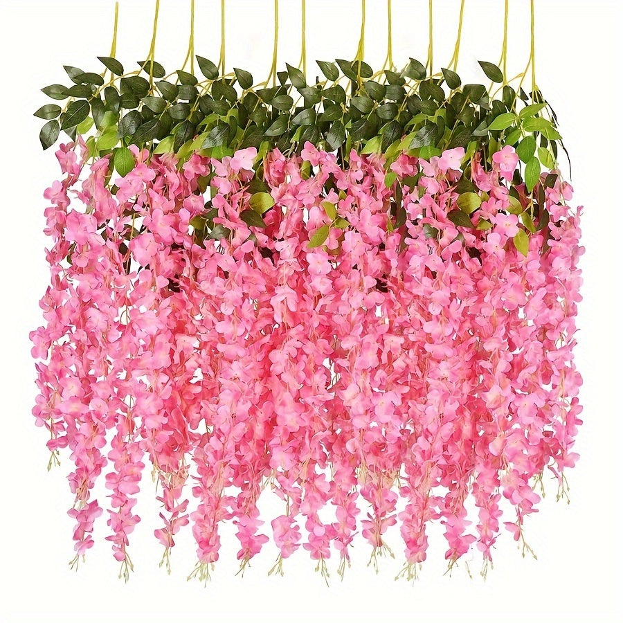 12 artificial wisteria garlands bring garden style to wedding parties and outdoor ceremonies without feathers.