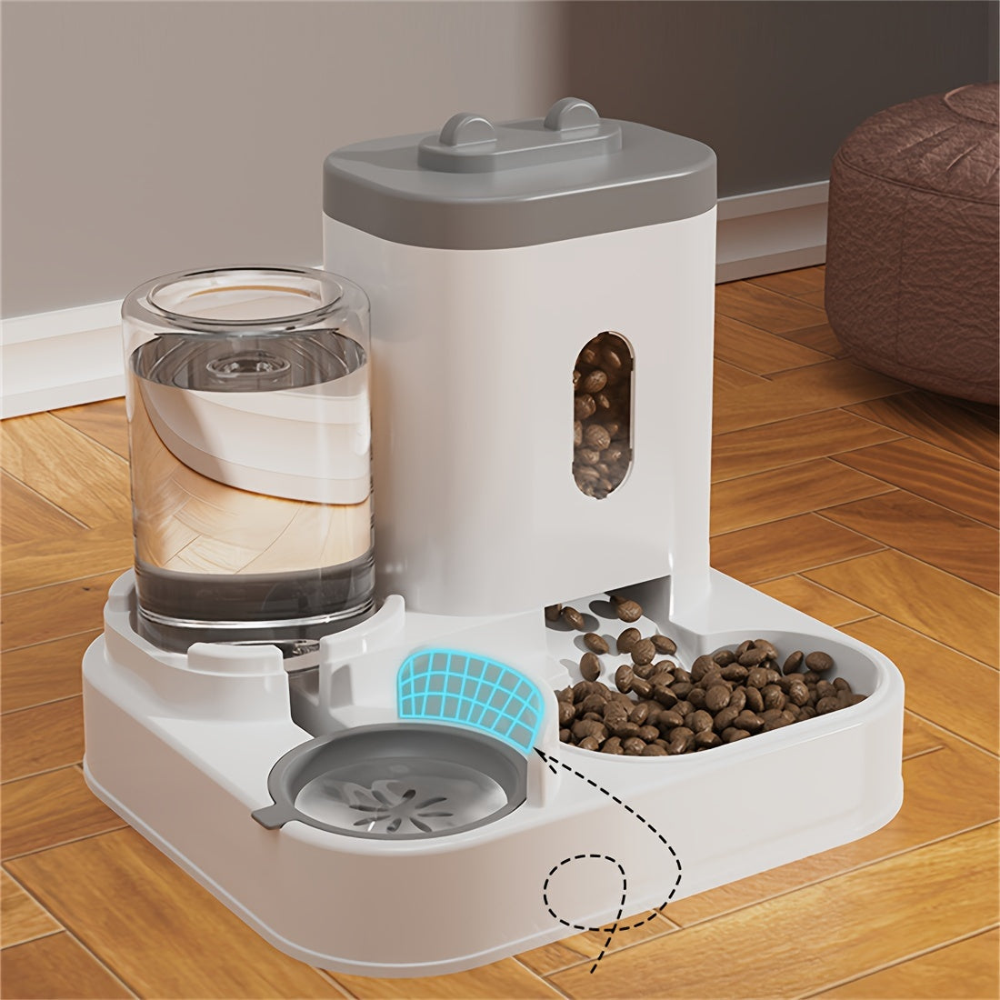 Dual bowl ergonomic cat feeder and water dispenser set made of plastic for cats, featuring automatic food and water feeding for neck-friendly use.