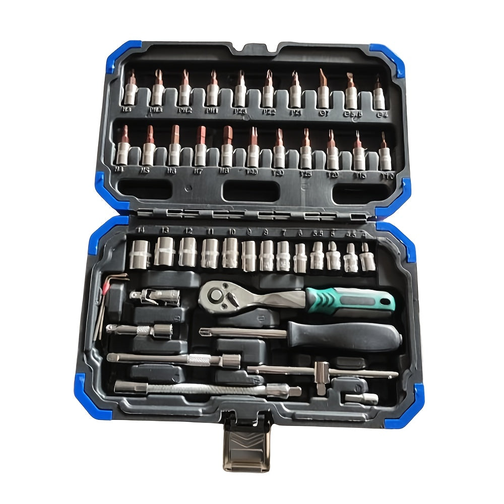 High-end Professional 53&46pcs 1/4 inch Drive Tool Set for automotive and home repair, includes ratchet wrench, metric sleeves, and extension bar with storage box.