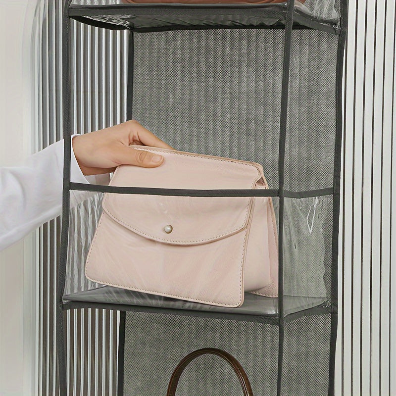 Wall-mounted storage bag with multiple layers for dormitory use, designed to hang behind doors and featuring a transparent design for visibility and multifunctional storage.