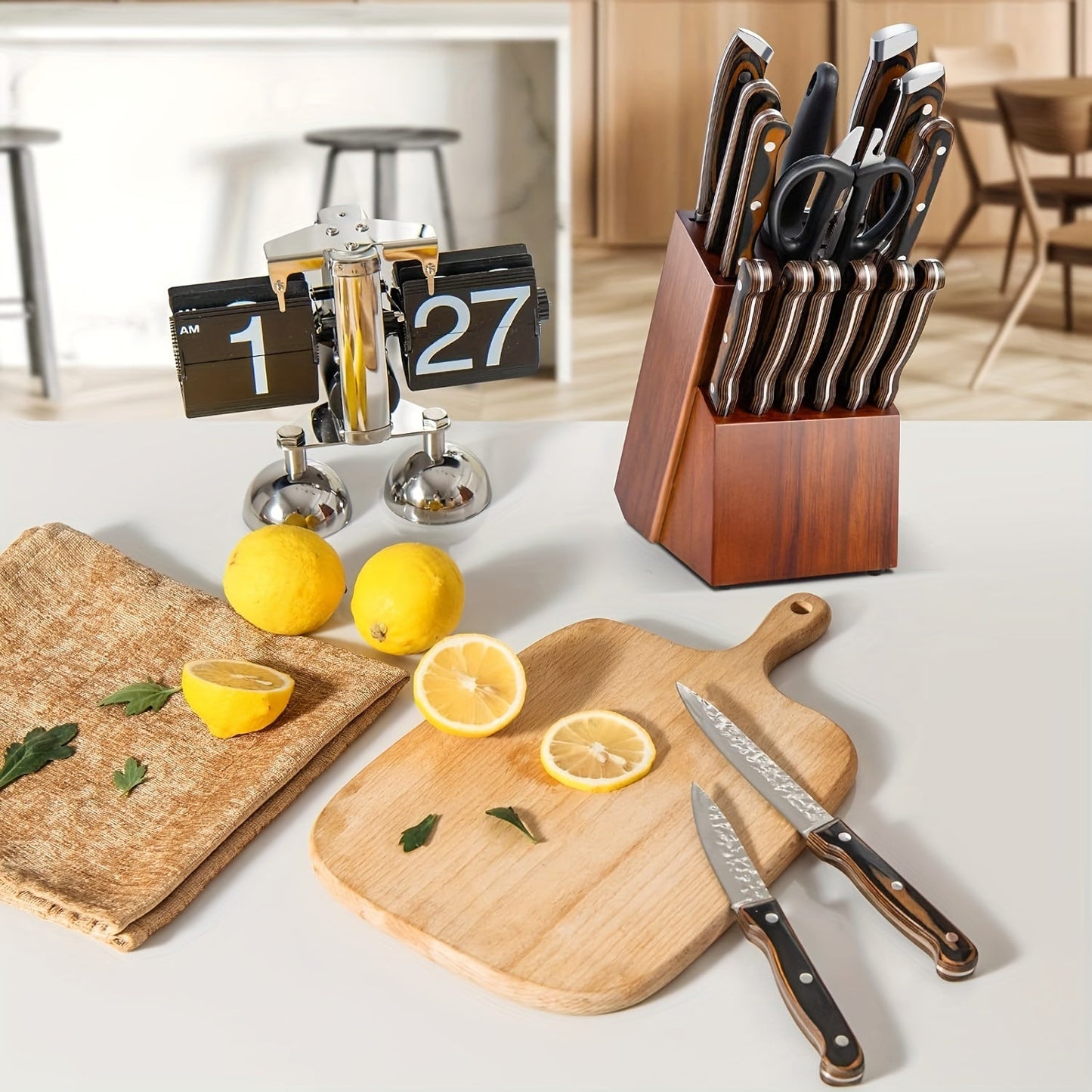 The perfect gift for any occasion - Acacia Wood Knife Block with 14 slots to hold all your essential knives including 6 steak knives, chef knife, bread knife, santoku knife, utility knife, and even space for knife sharpening and scissors. This countertop